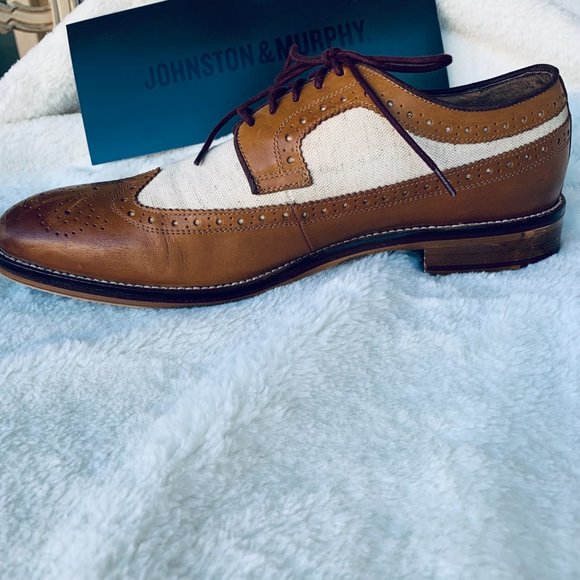 POSH PARTY MEN\'S JOHNSTON & MURRHY 10 1/2M WINGTIP  Tan Calfskin-Beige Linen main image 6